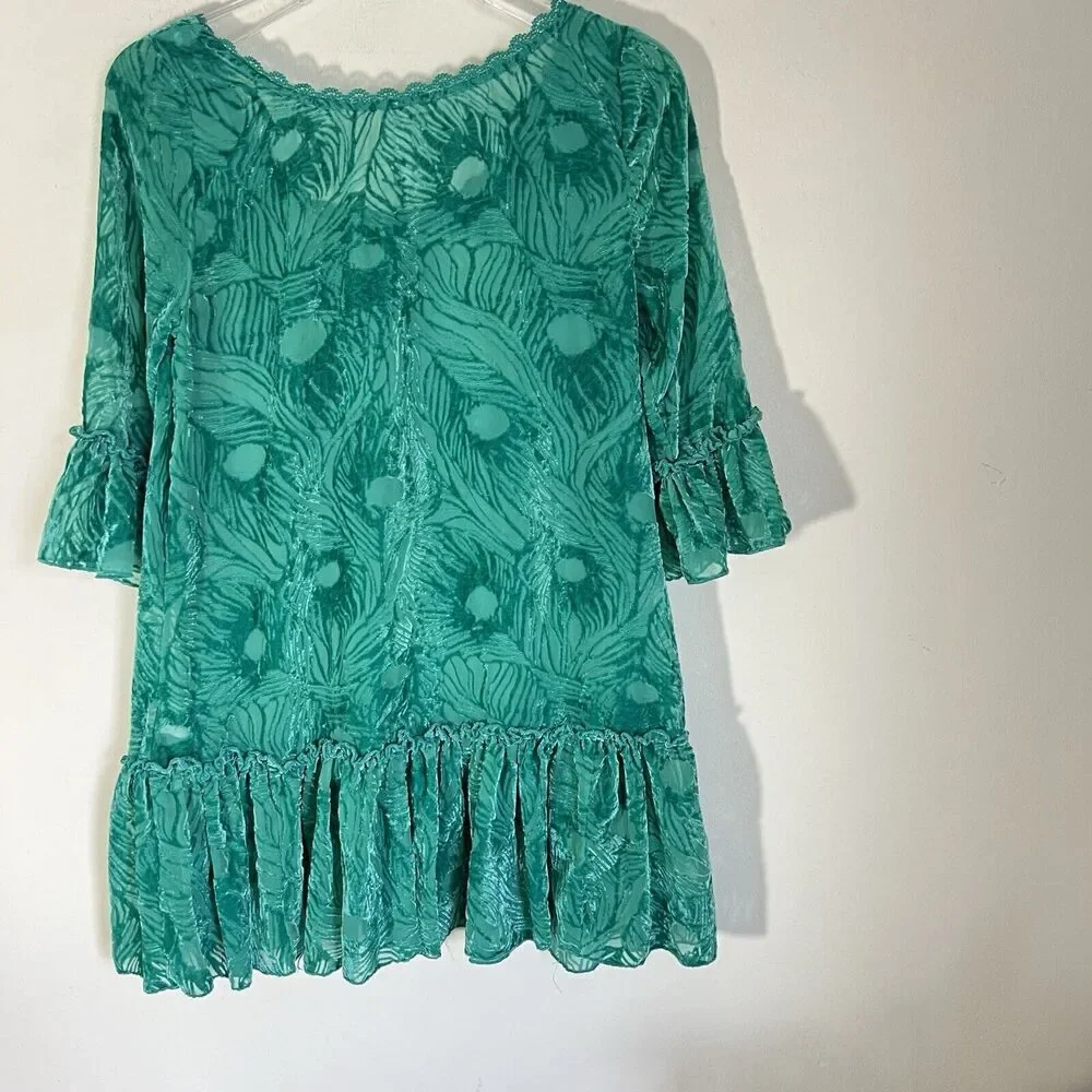 Free People Green zen garden peacock velvet Tunic mini dress Ruffles XS - Picture 4 of 8